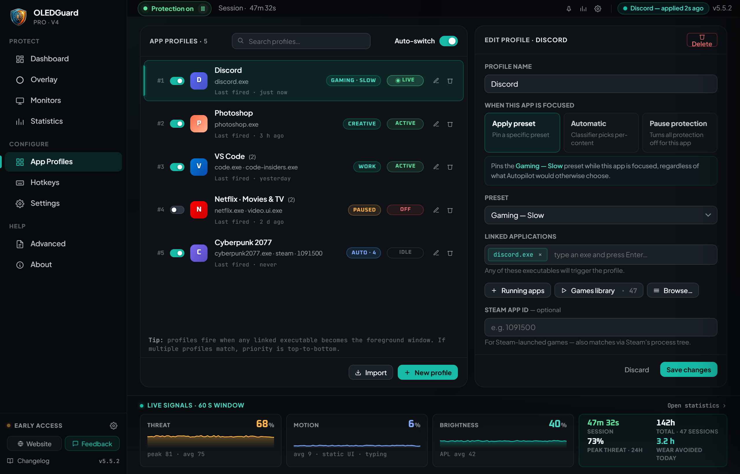 OLED Guard Pro: Perfis de aplicativo