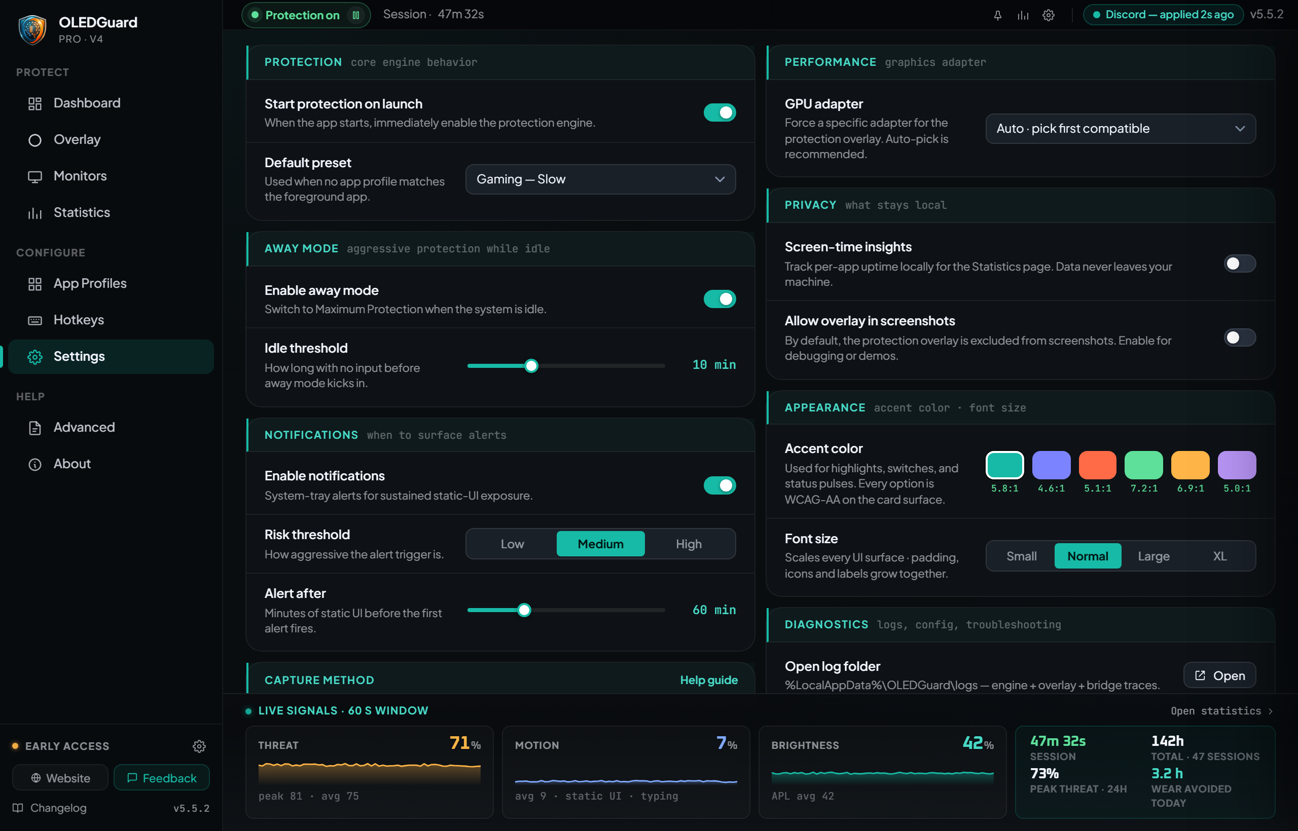 OLED Guard Pro: Configurações